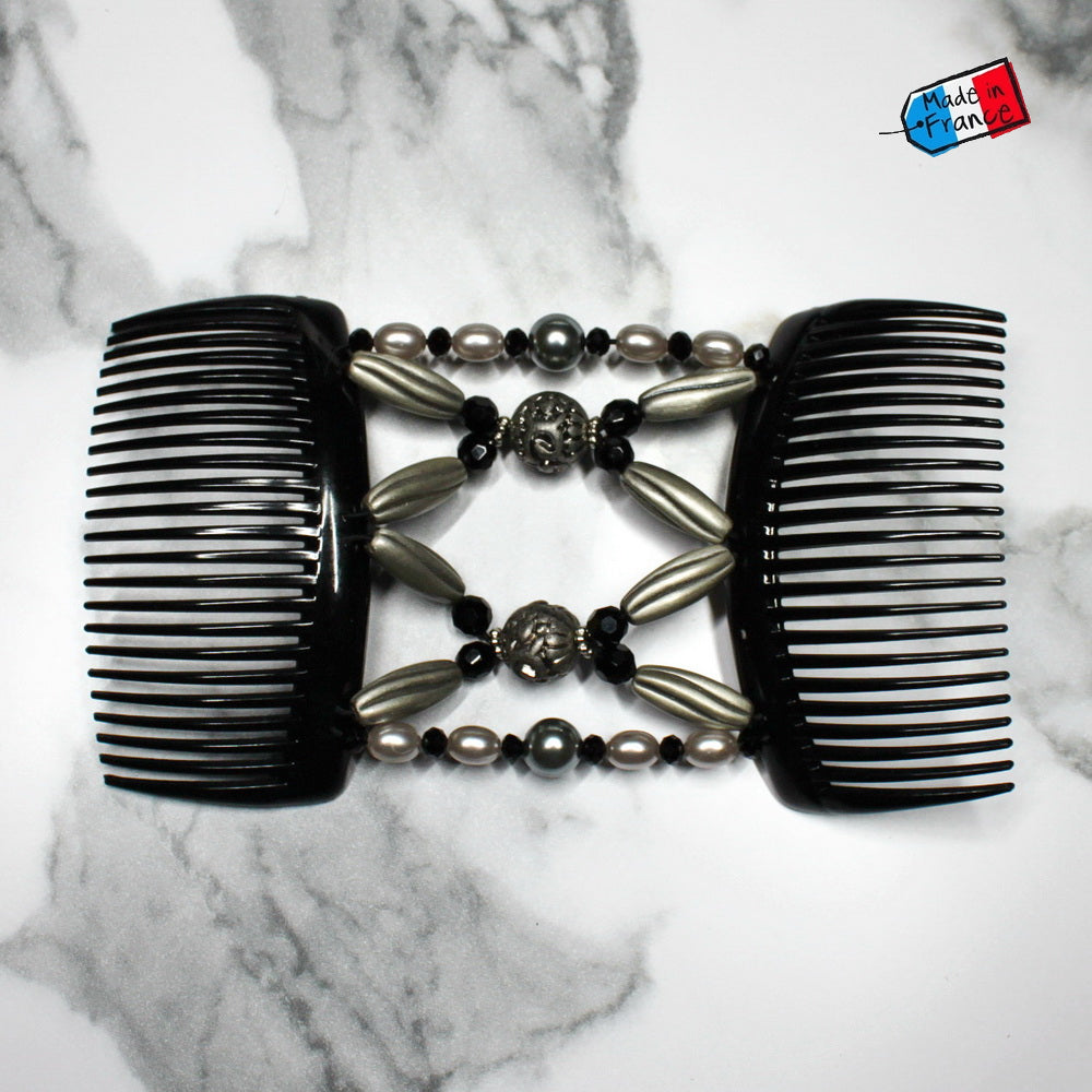 Double peigne cheveux élastique pour chignon orné de perles made in France