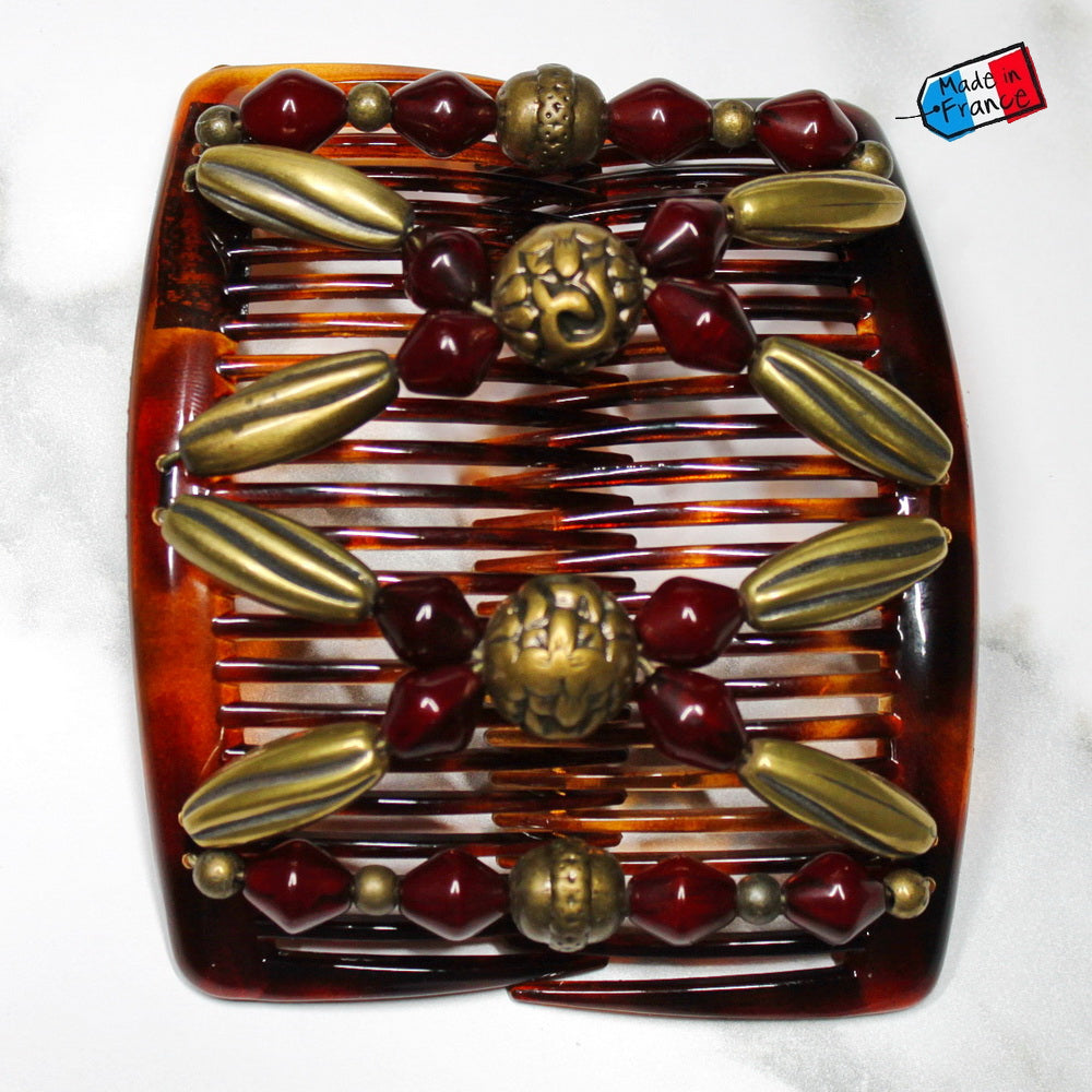 Double peigne cheveux élastique pour chignon - perles bordeaux et dorées made in France