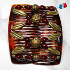 Double peigne cheveux élastique pour chignon - perles bordeaux et dorées made in France