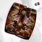 Double peigne cheveux élastique pour chignon - perles bordeaux et dorées made in France
