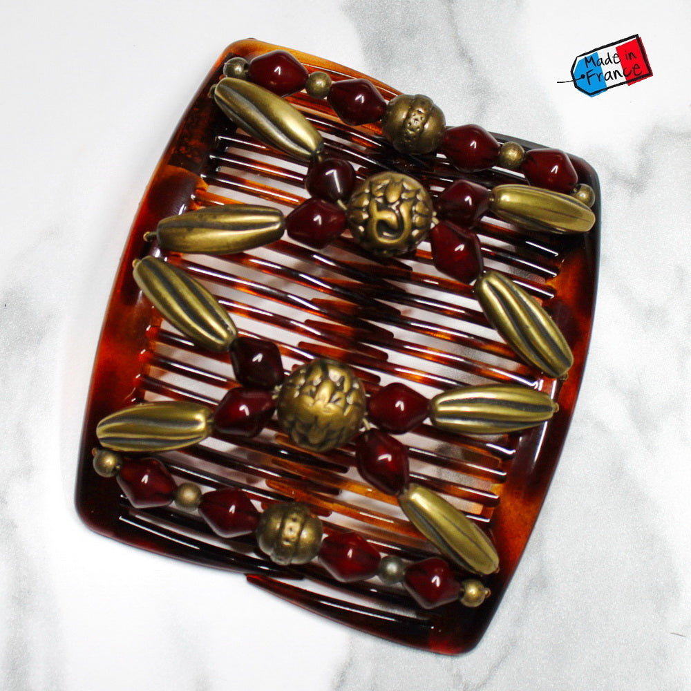 Double peigne cheveux élastique pour chignon - perles bordeaux et dorées made in France