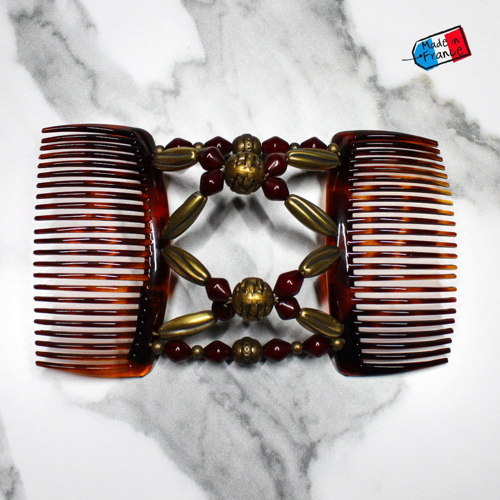 Double peigne cheveux élastique pour chignon - perles bordeaux et dorées made in France