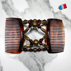 Double peigne cheveux élastique pour chignon - perles bordeaux et dorées made in France