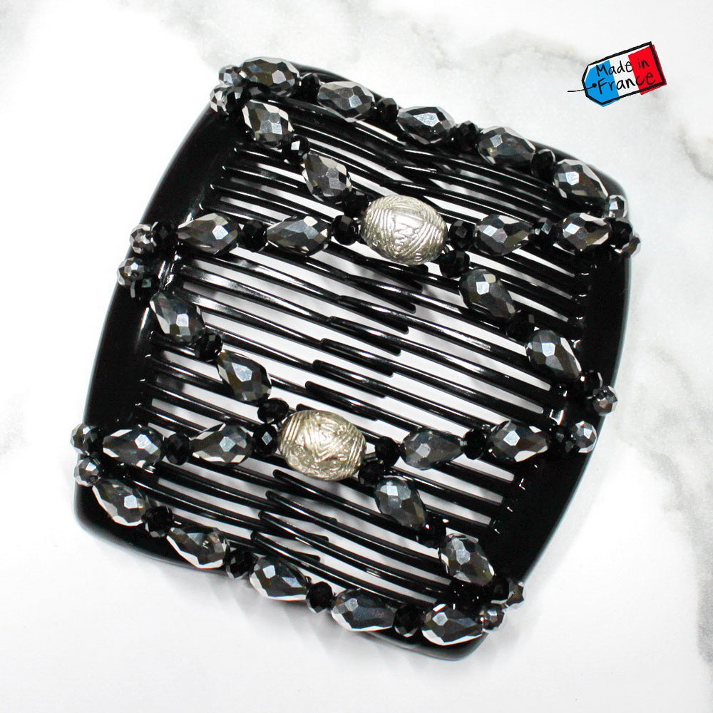 Double peigne cheveux élastique pour chignon Perles facettées argentées