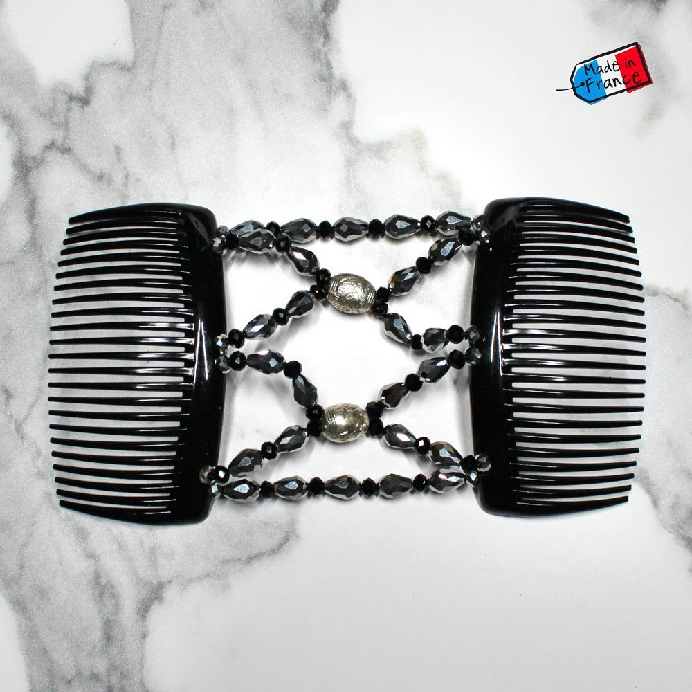 Double peigne cheveux élastique pour chignon Perles facettées argentées