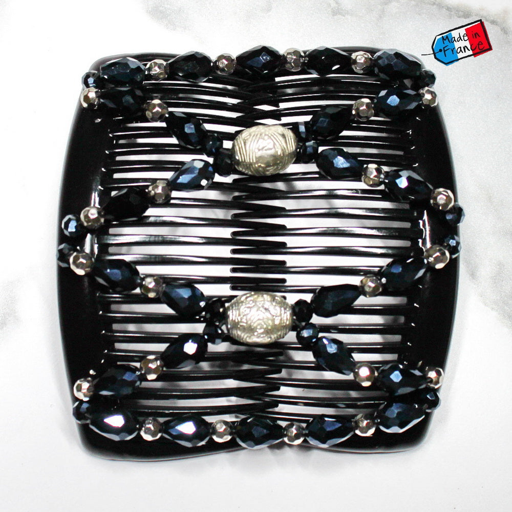 Double peigne cheveux élastique pour chignon perles facettées bleues made in France