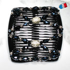 Double peigne cheveux élastique pour chignon perles facettées bleues made in France