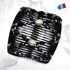 Double peigne cheveux élastique pour chignon perles facettées bleues made in France