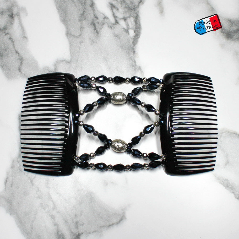 Double peigne cheveux élastique pour chignon perles facettées bleues made in France