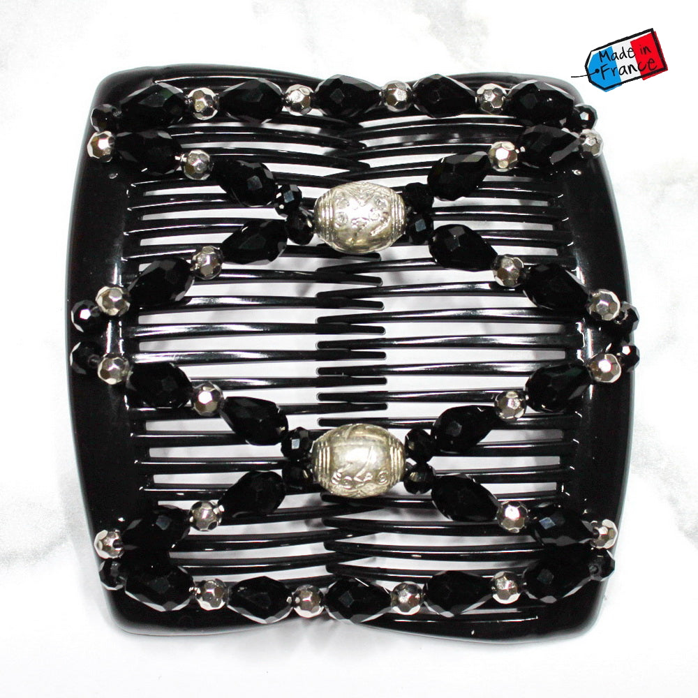 Peigne cheveux élastique pour chignon perles facettées noires made in France
