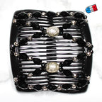 Peigne cheveux élastique pour chignon perles facettées noires made in France