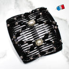 Peigne cheveux élastique pour chignon perles facettées noires made in France