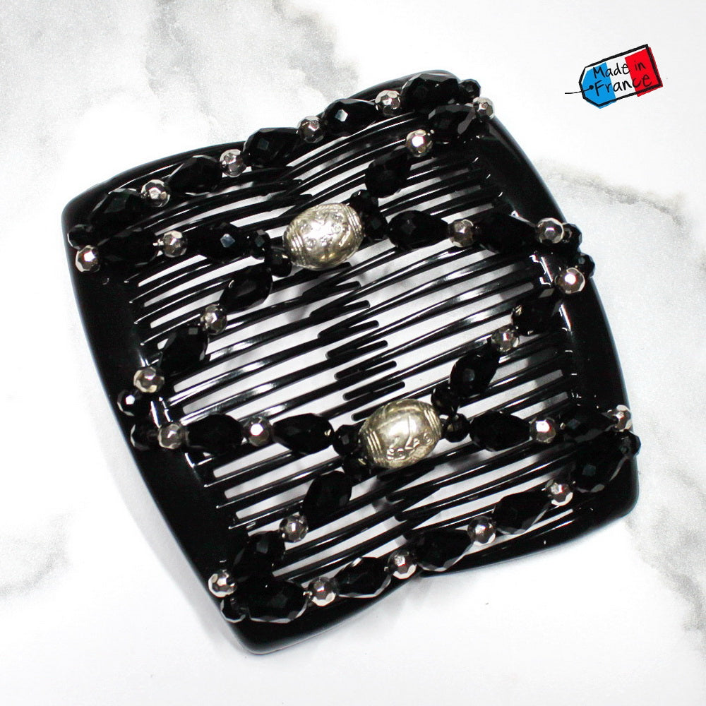 Peigne cheveux élastique pour chignon perles facettées noires made in France