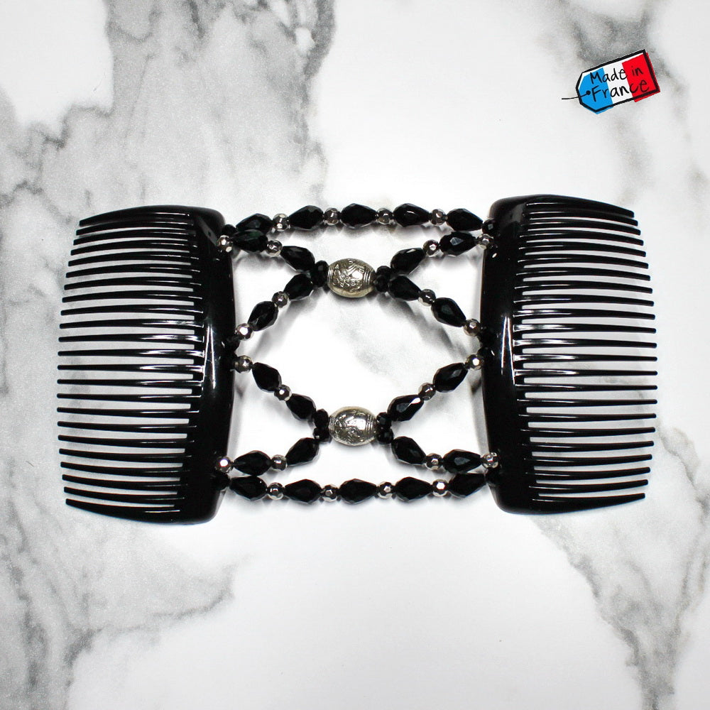 Peigne cheveux élastique pour chignon perles facettées noires made in France