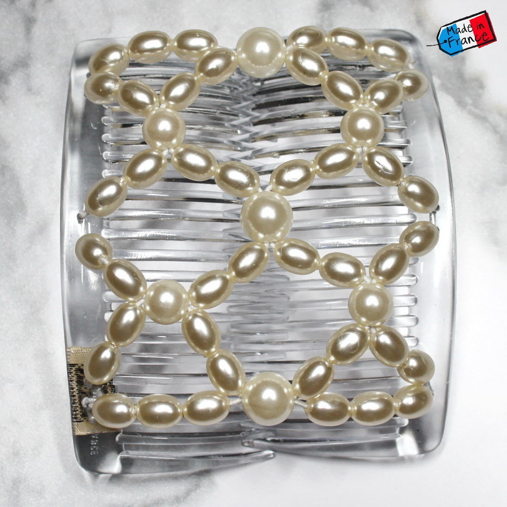 Double peigne cheveux élastique pour chignon – Perles nacrées made in France