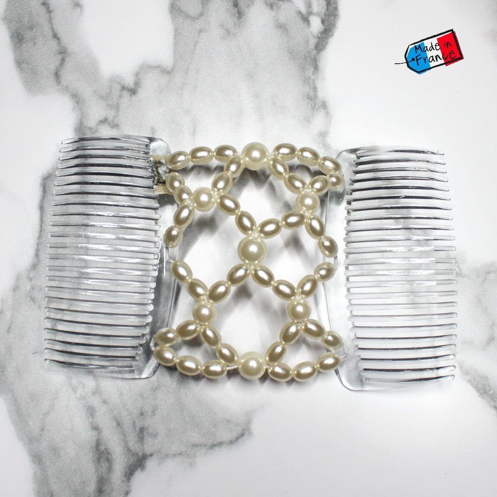 Double peigne cheveux élastique pour chignon – Perles nacrées made in France