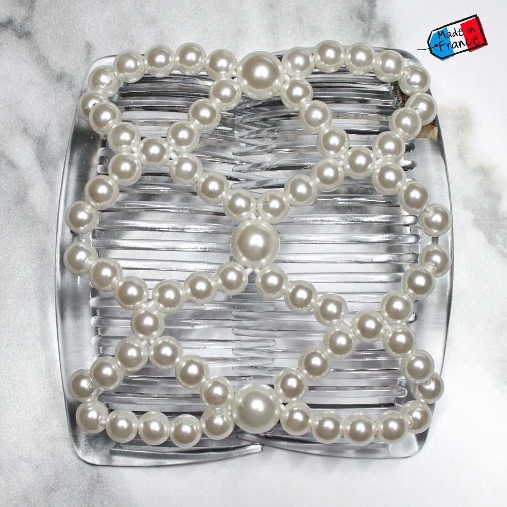 Peigne double cheveux élastique pour chignon – Perles blanches nacrées made in France