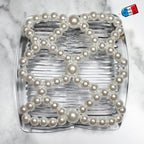 Peigne double cheveux élastique pour chignon – Perles blanches nacrées made in France