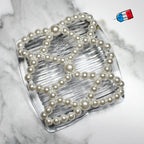 Peigne double cheveux élastique pour chignon – Perles blanches nacrées made in France
