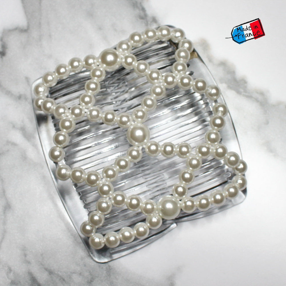 Peigne double cheveux élastique pour chignon – Perles blanches nacrées made in France