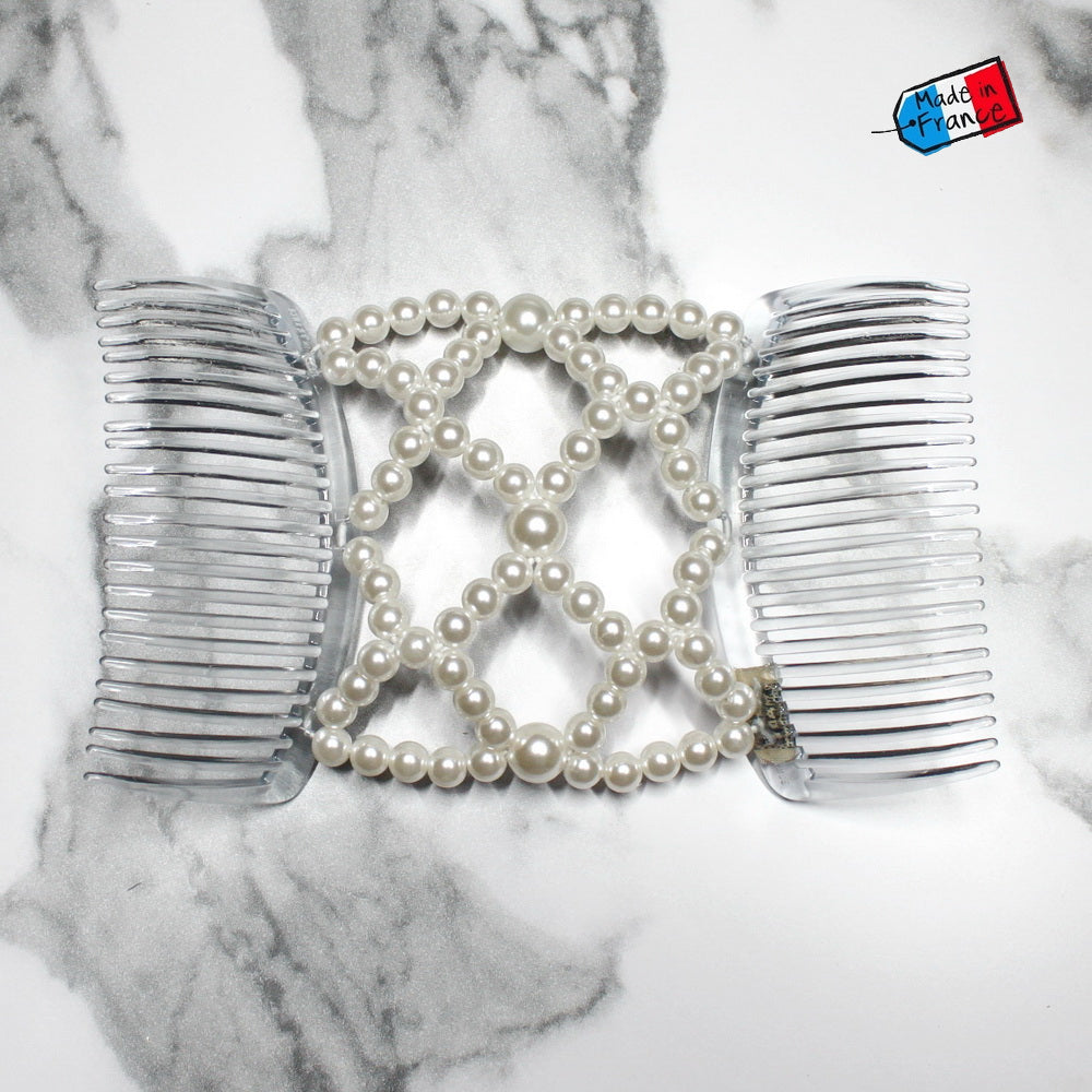 Peigne double cheveux élastique pour chignon – Perles blanches nacrées made in France