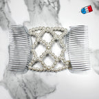 Peigne double cheveux élastique pour chignon – Perles blanches nacrées made in France