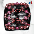 Double peigne cheveux élastique pour chignon - perles roses made in France