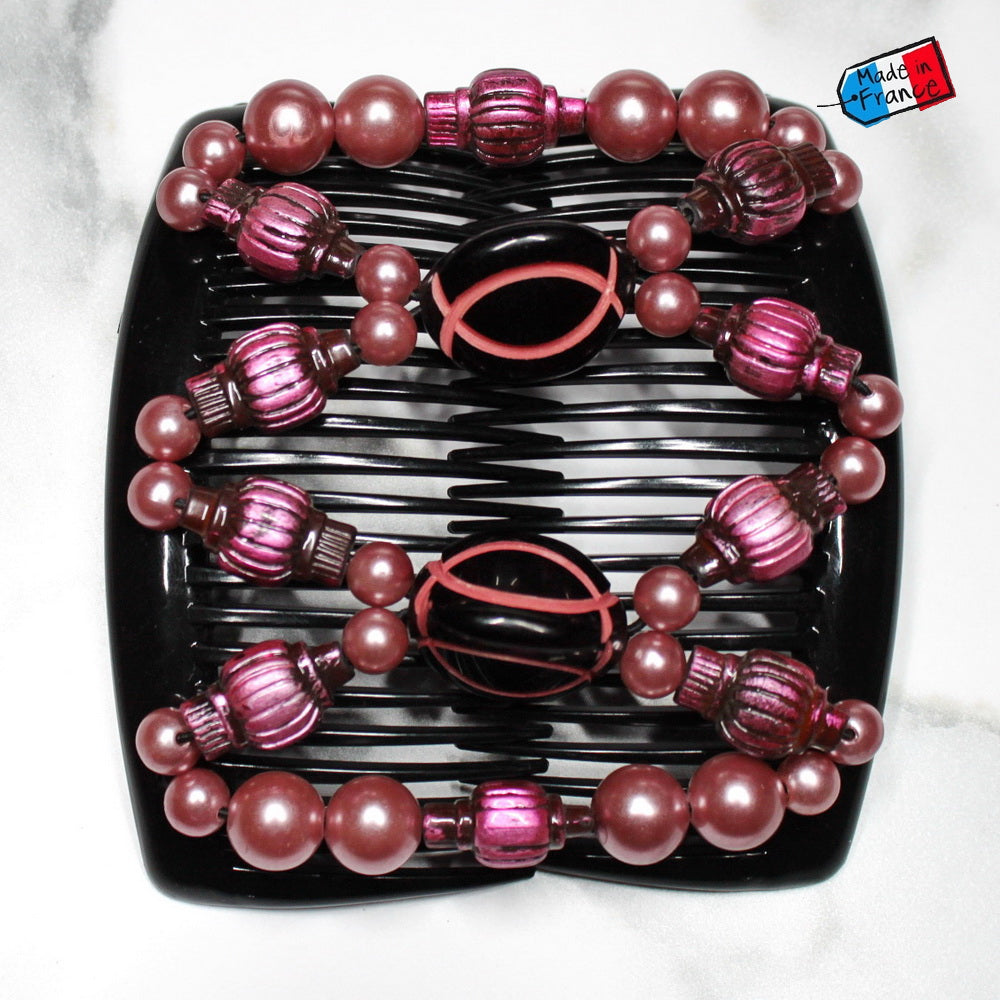 Double peigne cheveux élastique pour chignon - perles roses made in France