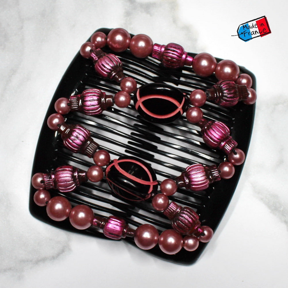 Double peigne cheveux élastique pour chignon - perles roses made in France