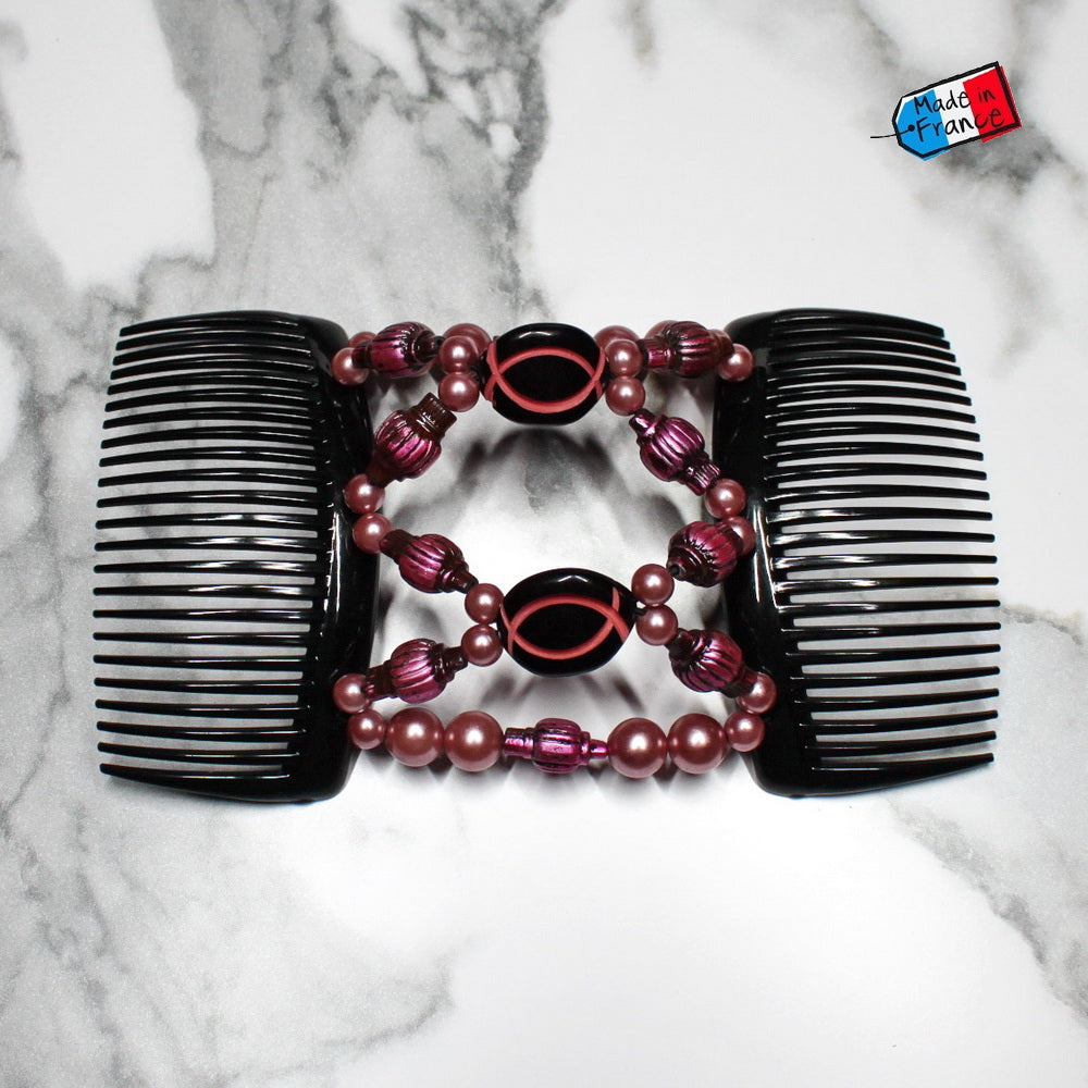 Double peigne cheveux élastique pour chignon - perles roses made in France