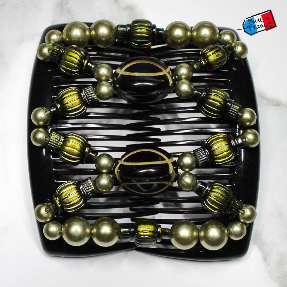 Double peigne cheveux élastique pour chignon - perles vertes made in France