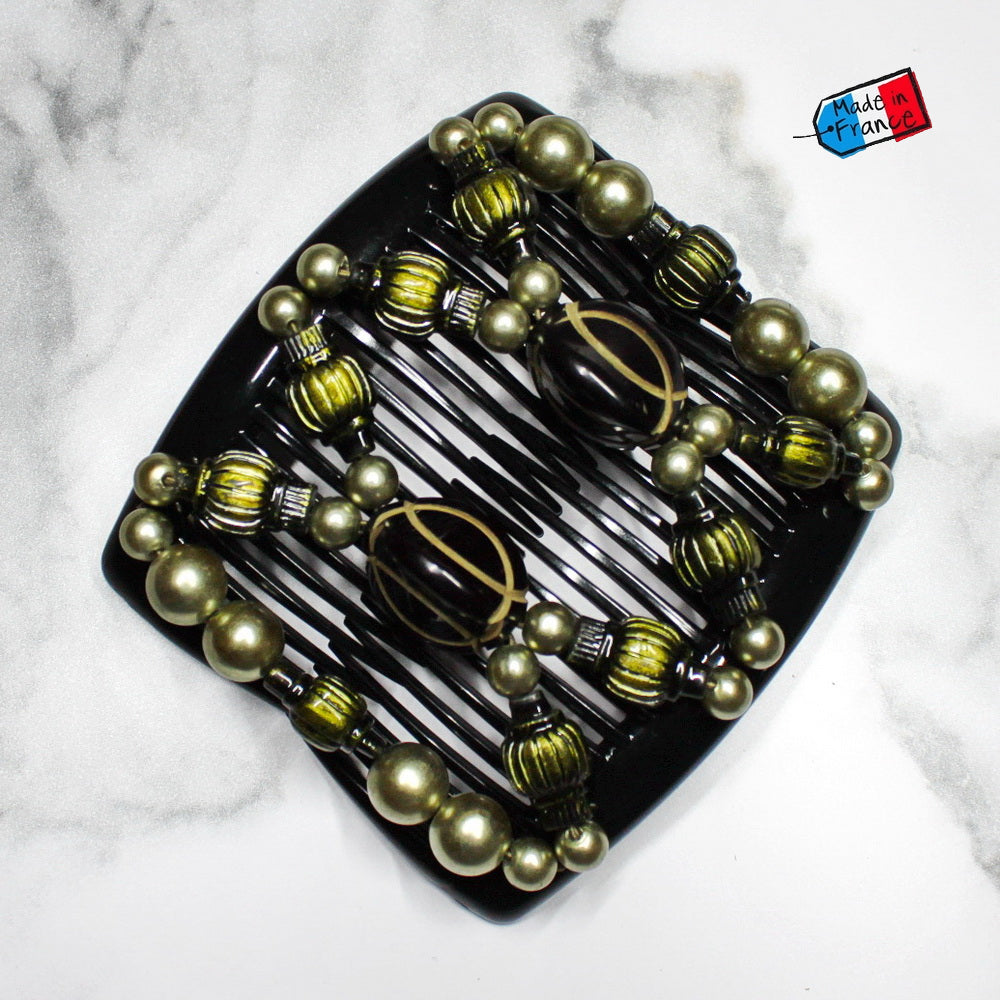Double peigne cheveux élastique pour chignon - perles vertes made in France