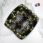 Double peigne cheveux élastique pour chignon - perles vertes made in France