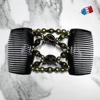 Double peigne cheveux élastique pour chignon - perles vertes made in France