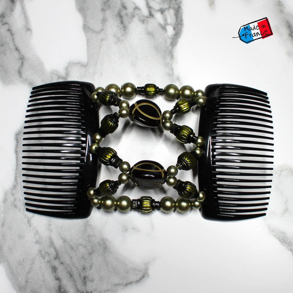 Double peigne cheveux élastique pour chignon - perles vertes made in France