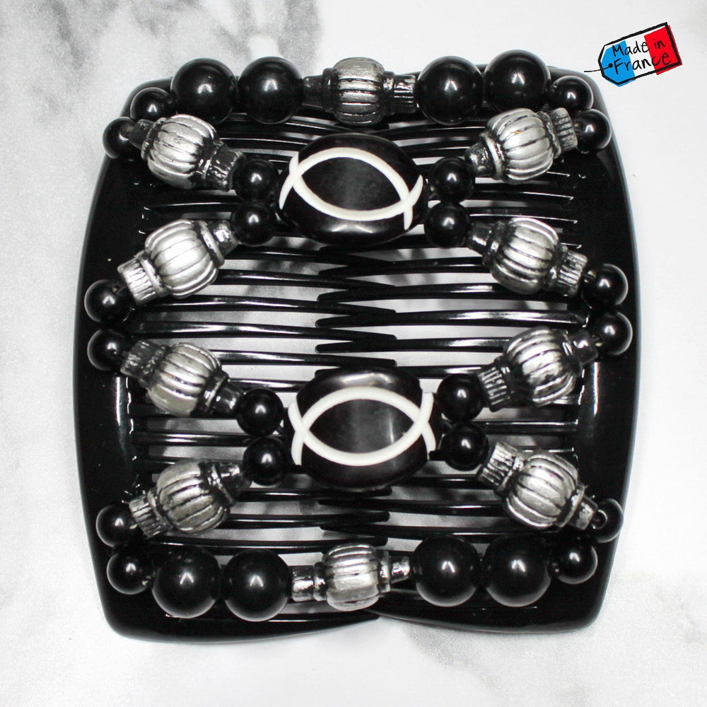 Double peigne cheveux élastique pour chignon - perles noires et argenté made in France