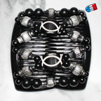 Double peigne cheveux élastique pour chignon - perles noires et argenté made in France