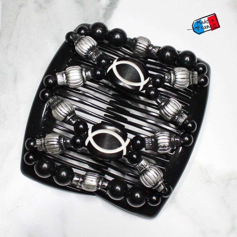 Double peigne cheveux élastique pour chignon - perles noires et argenté made in France