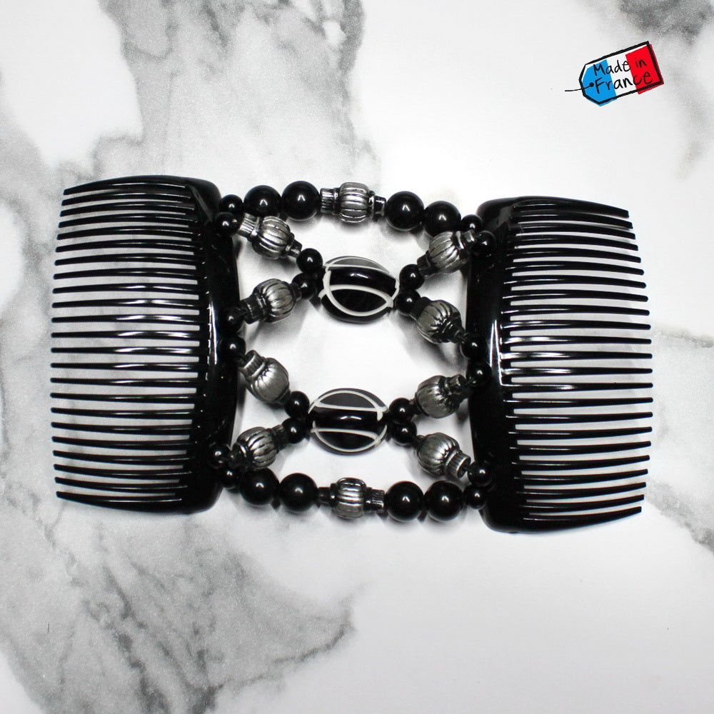 Double peigne cheveux élastique pour chignon - perles noires et argenté made in France