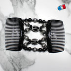 Double peigne cheveux élastique pour chignon - perles noires et argenté made in France