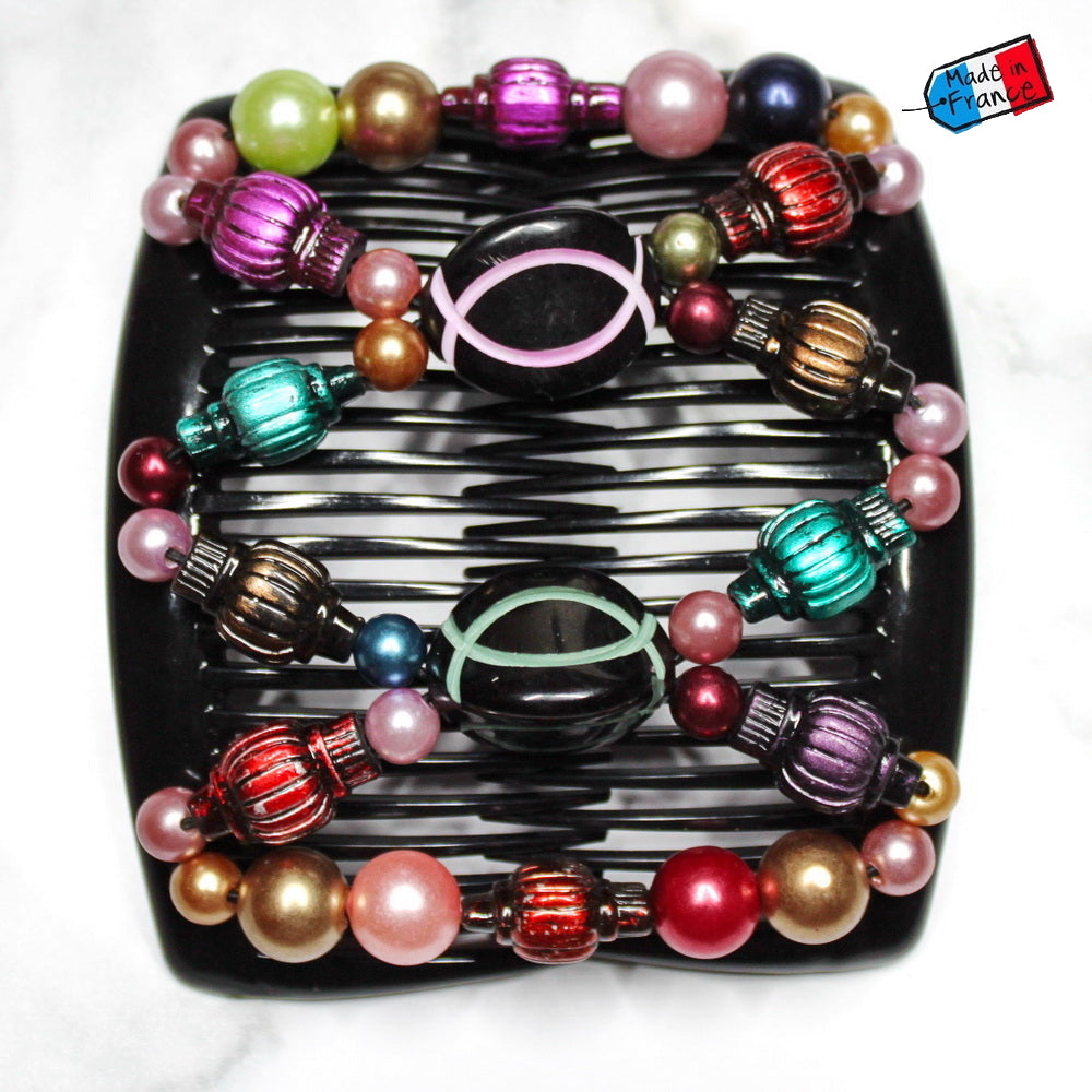Double peigne cheveux élastique pour chignon - perles multicolore made in France