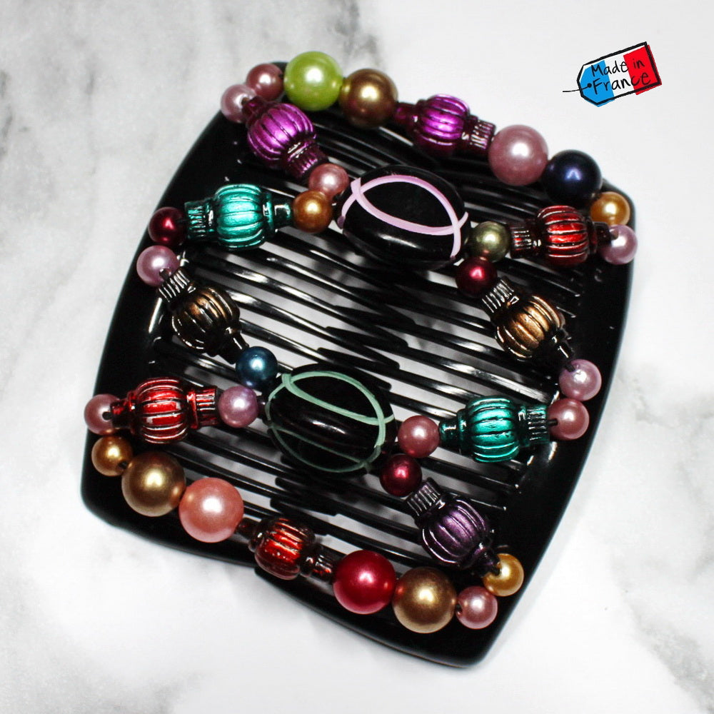 Double peigne cheveux élastique pour chignon - perles multicolore made in France