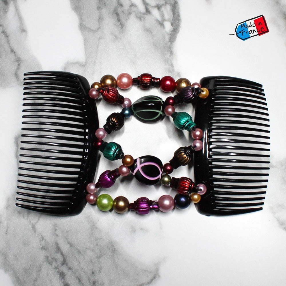Double peigne cheveux élastique pour chignon - perles multicolore made in France