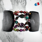 Double peigne cheveux élastique pour chignon - perles multicolore made in France