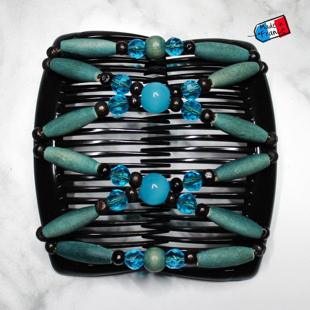 Peigne double cheveux - accessoire chignon en perles de bois bleu made in France