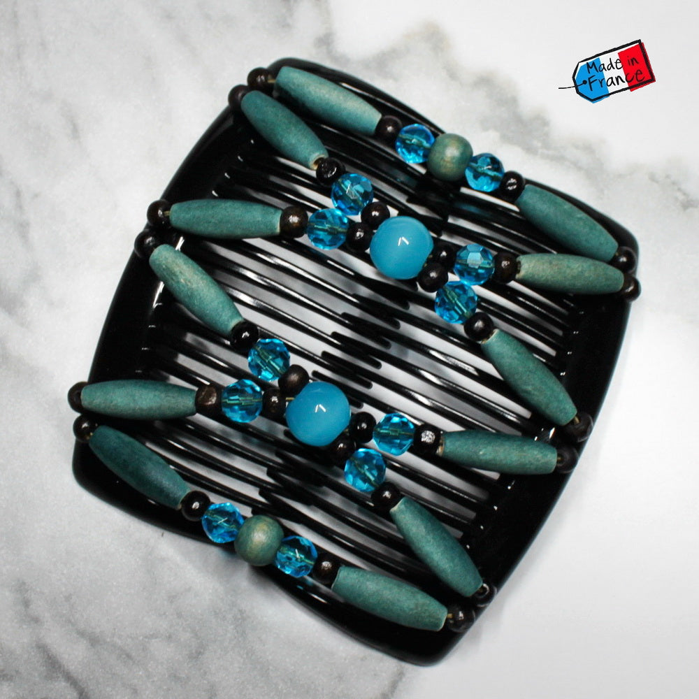 Peigne double cheveux - accessoire chignon en perles de bois bleu made in France