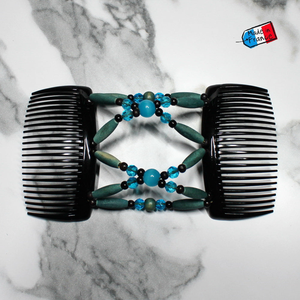 Peigne double cheveux - accessoire chignon en perles de bois bleu made in France