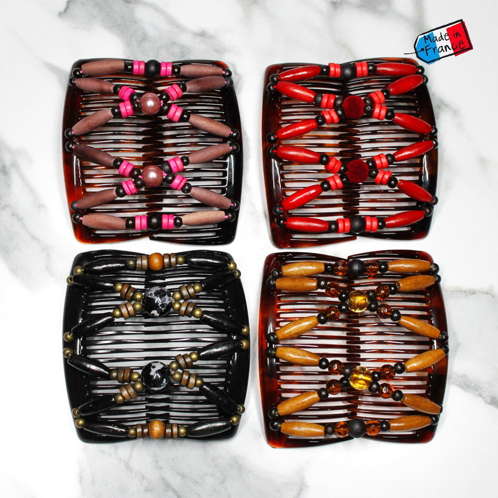 Peigne double cheveux - accessoire chignon en perles de bois 