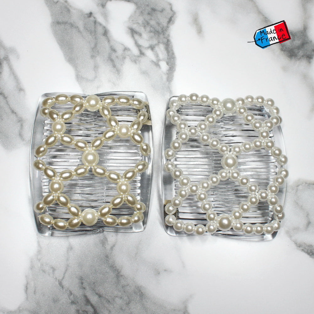 Double peigne cheveux élastique pour chignon – Perles nacrées made in France