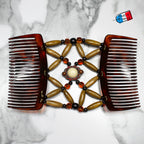 Peigne double cheveux - accessoire chignon en perles de bois beige made in France
